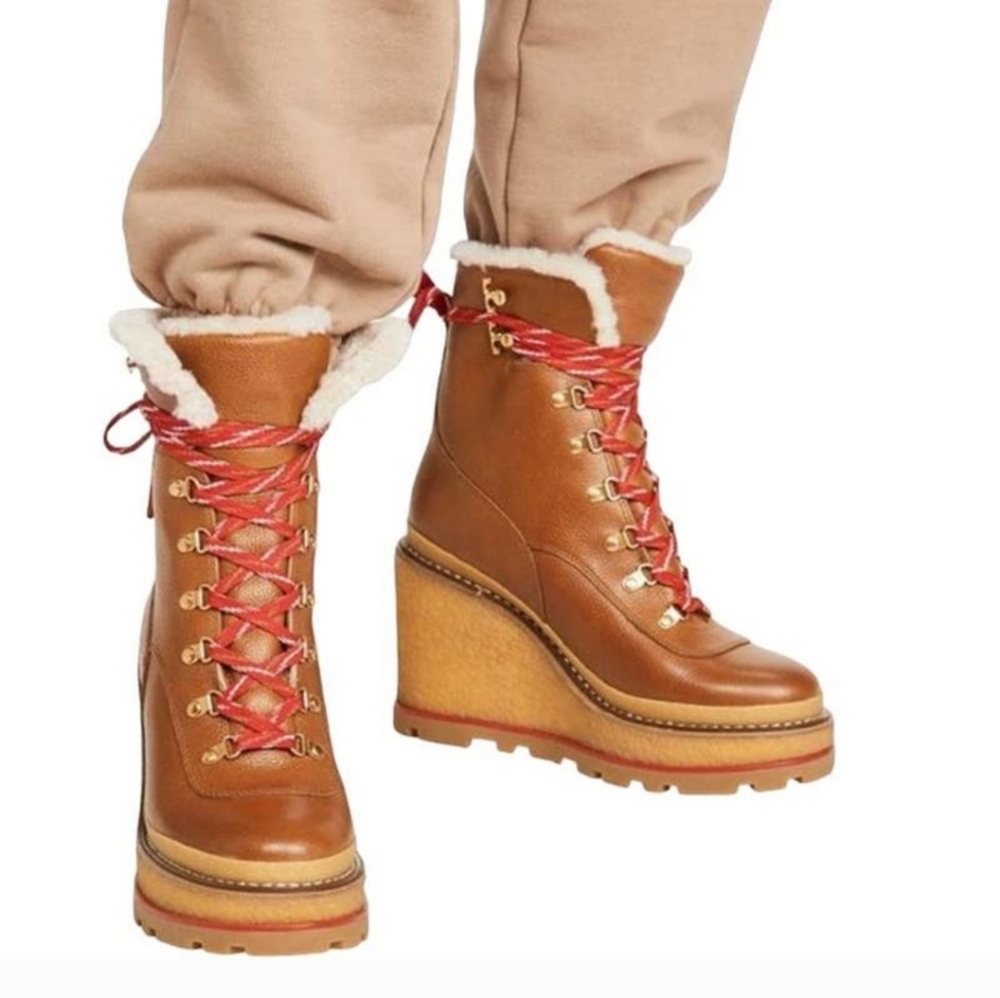 NEW!Tory Burch Hiker Shearling-Lined LeatherPlatform Wedge Boots Blanched Almond